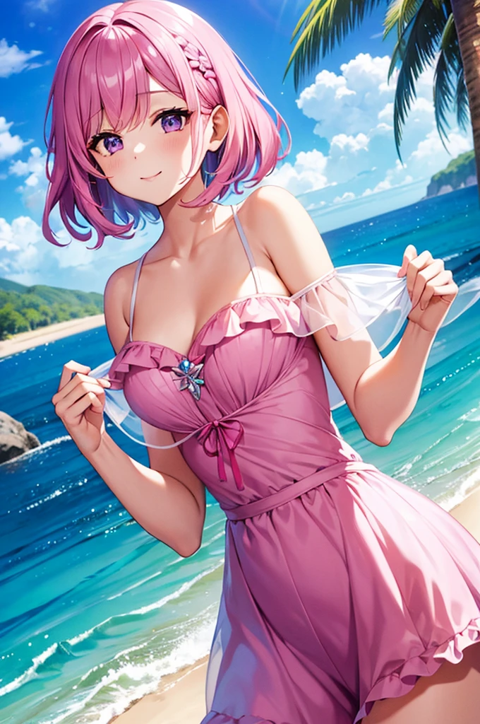 Pink and light blue dreamy hair Short Wavy Hair Purple Eyes Seashell hair ornament Pink mermaid frilly dress Clear blue sea Light of the sun beautiful beautiful girl smile