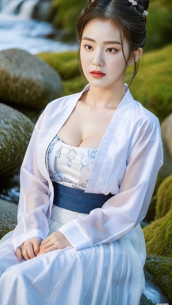 ((top quality, 8k, masterpiece: 1.3)),    beauty.   hidden face.     body slim thin seductive.  ((Queen's Mother. Korean royal empress)),     very detailed lips,     detailed eyes,     double eyelid,    face with makeup.    lipstick.     hair accessories,      hair bun.

((Wet hanbok)),

long legs_whole body.    sit down.     on the rocks.     at the edge of the waterfall, (((busty)))