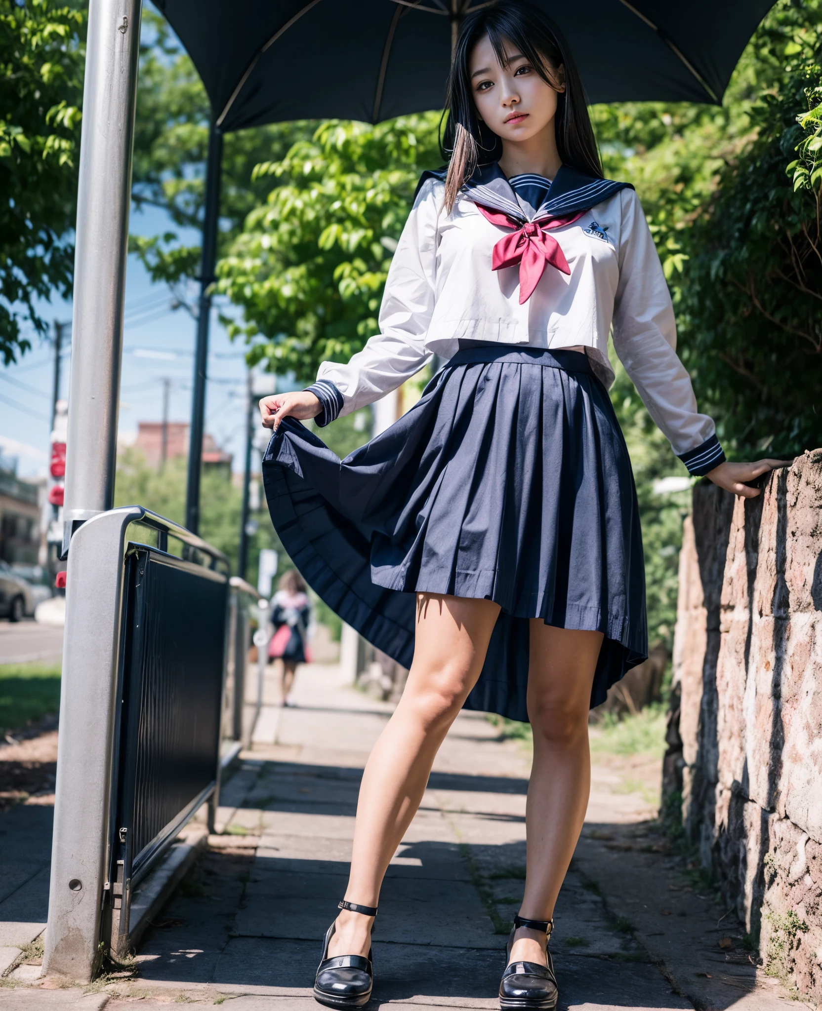 1girl, 18yo girl, sailor uniform, ((ankle length long skirt)), at the bus stop, big breast size, detailed face, beautiful eyes, long eyelashes, delicate facial features, serene expression, soft natural lighting, pastel colors, realistic, photorealistic, 8k, high quality, masterpiece