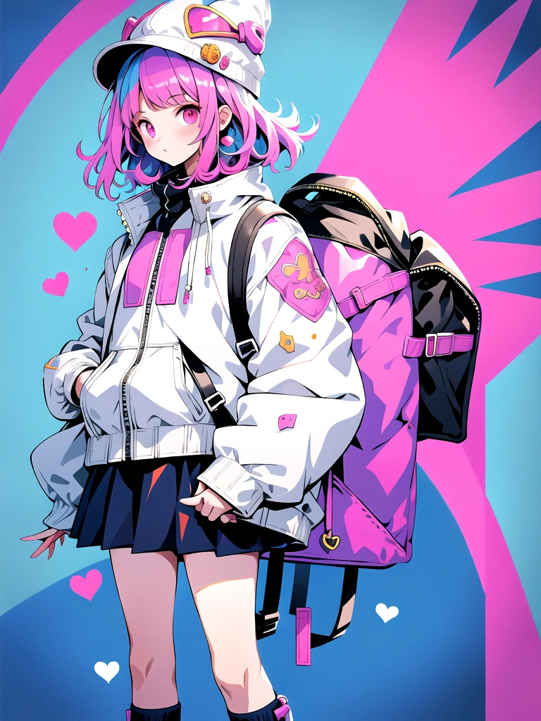 mn,1girl,jacket,bag,hat,pink eyes,pink hair,backpack,skirt,white background,