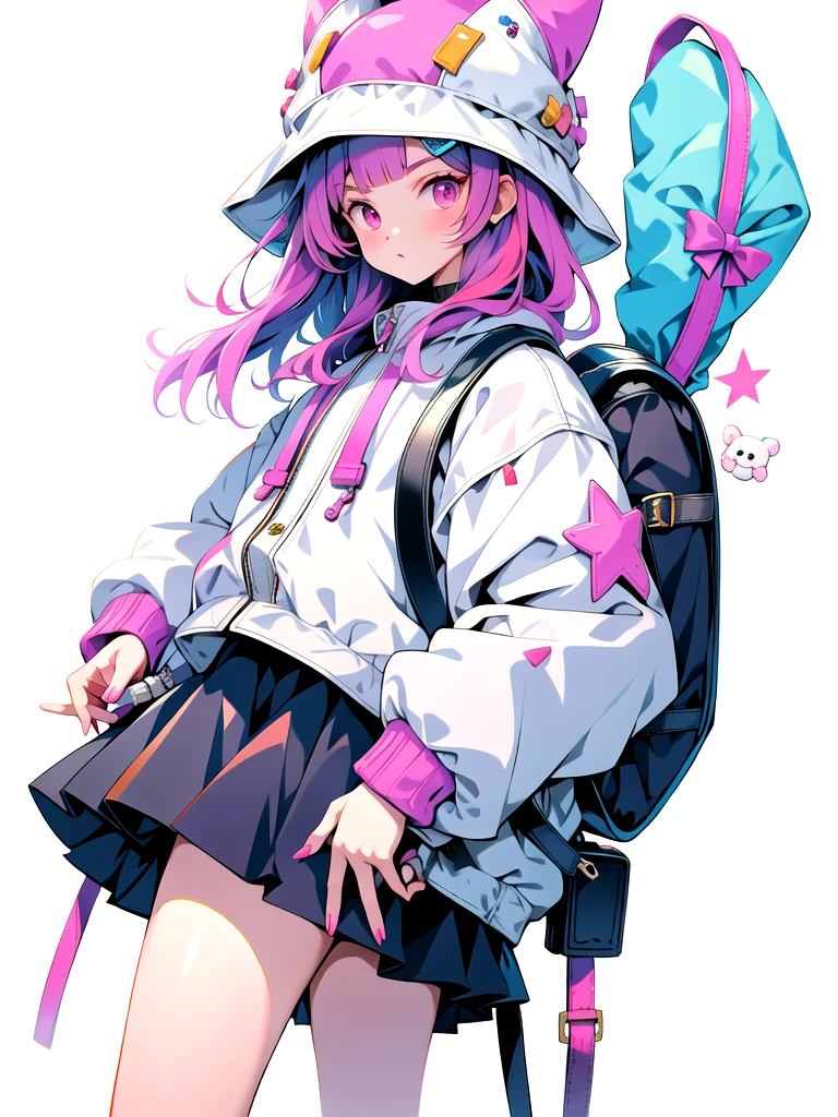 mn,1girl,jacket,bag,hat,pink eyes,pink hair,backpack,skirt,white background,