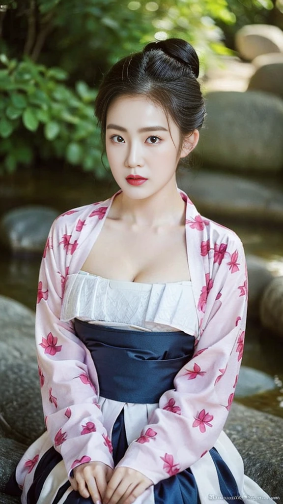 ((top quality, 8k, masterpiece: 1.3)),    beauty.   hidden face.     body slim thin seductive.  ((Queen's Mother. Korean royal empress)),     very detailed lips,     detailed eyes,     double eyelid,    face with makeup.    lipstick.     hair accessories,      hair bun.

((Wet hanbok)),

long legs_whole body.    sit down.     on the rocks.     at the edge of the waterfall, (((busty)))