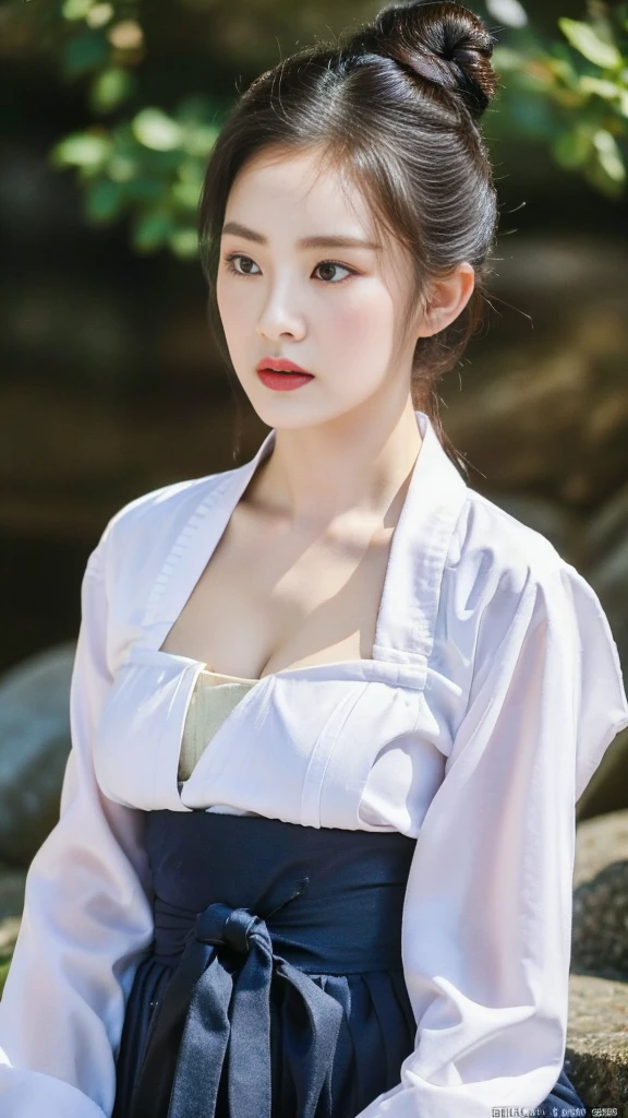 ((top quality, 8k, masterpiece: 1.3)), beauty. hidden face. body slim thin seductive. ((Queen's Mother. Korean royal empress)), very detailed lips, detailed eyes, double eyelid, face with makeup. lipstick. hair accessories, hair bun.
((Wet hanbok)),
long legs_whole body. sit down. on the rocks. at the edge of the waterfall, (((busty)))