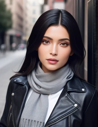 village1,1 girl, One, (realistic),(hyperrealism),(Best quality),(masterpiece),(ultra high resolution),(photorealistic),(granularity),(upper body),Eye makeup,detailed eyes,detailed face,black leather jacket, scarf, posing for a photo, on open air, 