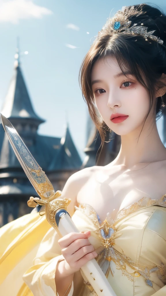 A woman in a light yellow dress、Close-up of woman holding sword, Beautiful fantasy queen, ((Beautiful fantasy queen)), Beautiful fantasy girl, 2. 5D CGI anime fantasy artwork, Beautiful and charming anime woman, Fantasy woman, Beautiful fantasy art, Full body fairy, Anime Goddess, Beautiful and elegant queen, Fantasy art style, Anime fantasy illustration,
