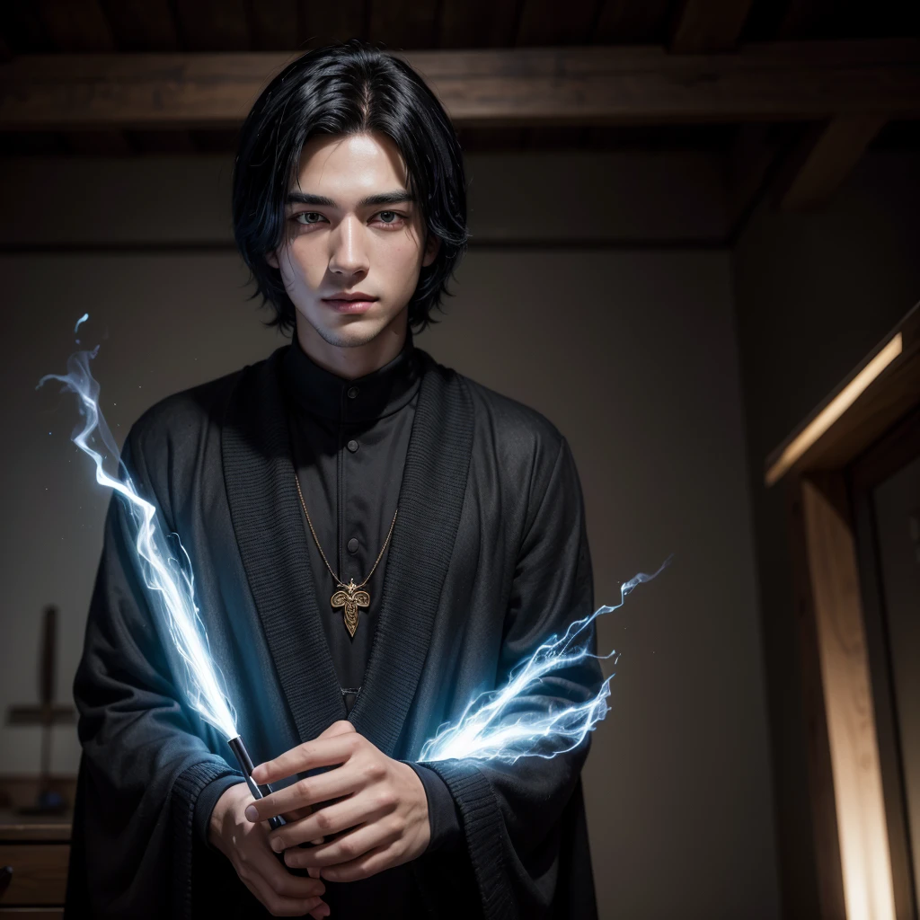 A handsome young man with straight black hair, Your hair is short, he wears a wizard's bed and a fighting suit underneath a very handsome young man magic from an anime.