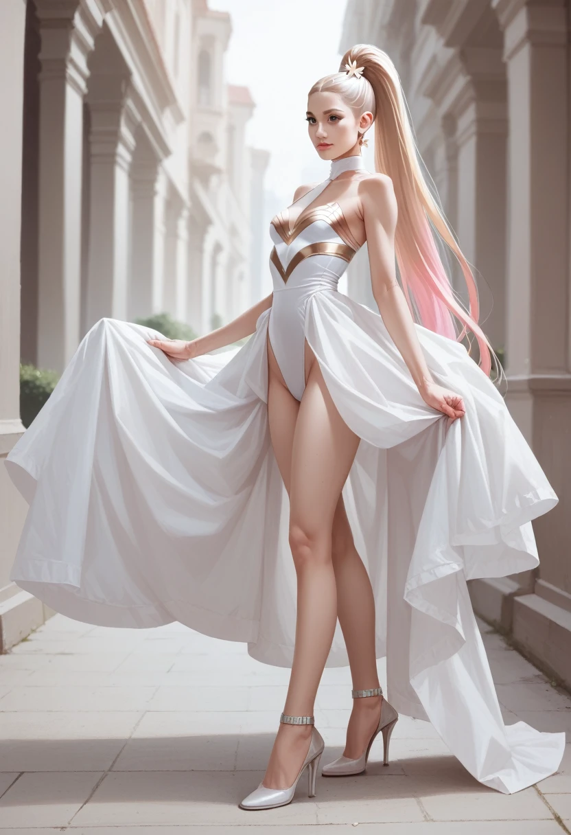 Full body internet girl with ponytail. Ariana Grande&#39;s face. Bright white，Shows that she is a cybergirl holding a laser rifle. White eyebrows. Clothing such as a bodysuit. She also has a pair of bright blue eyes. The environment is like a terminator. The hair is platinum blonde. One side of her face is illuminated by bright blue. leaders like.  Both hands also have LED lights.
