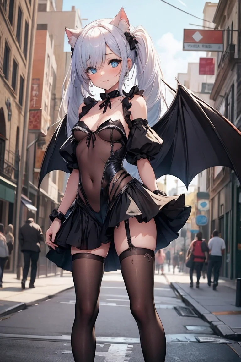 masterpiece, 1girl, cat ear, hair on one eye, demon_Wings, little breast, Blue_Eyes, Be red in the face, with her mouth open, Low wing, black lence stockings, ((standing on your feet)), (On the street), sweaty, full body shot, 58mm camera lens shot, smug, happy, full legs, very small breats, ripped cloth, open tits, scratches on body, 