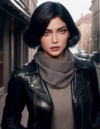 village1,1 girl, One, (realistic),(hyperrealism),(Best quality),(masterpiece),(ultra high resolution),(photorealistic),(granularity),(upper body),Eye makeup,detailed eyes,detailed face,black leather jacket, scarf, posing for a photo, on open air, 