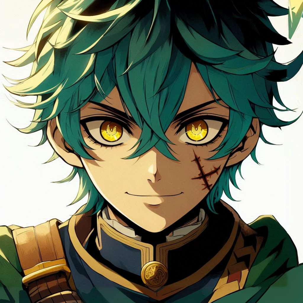 A fantasy role-playing character with turquoise hair and yellow eyes, wearing loose, wide pants and large leather boots. The character is dressed in adventurer's attire, suggesting a poor background. The character is holding a spear and has a scar under the left eye. The style should match the original image provided by the user. He is a boy. He has short hairs. He has the same facial expression as on the picture. La caméra est en plan large : on le voit entièrement.