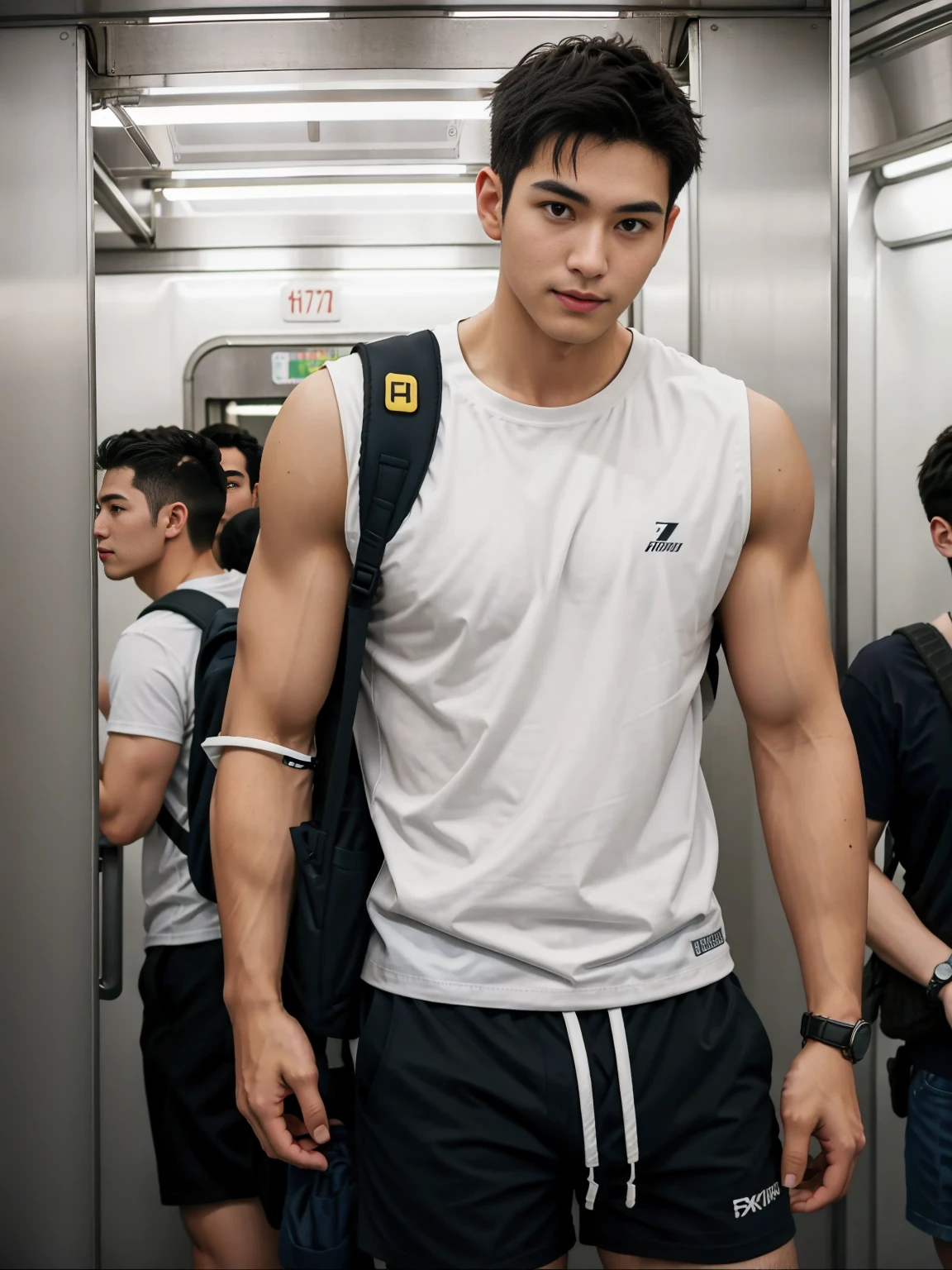 1 person,A 20-year-old man in the subway,Standing in a subway car,Ultra-flat head,White skinny sleeveless T-shirt,Wear yours with grey micro shorts,huge bulge, leg apart,musculous,Handsome,Look at your phone,Wear AirPods,Wear an Apple Watch,Sport backpack,white short socks,White sneakers,pervert smirk,exhilarated,full bodyesbian,Exposing thighs,Expose calves,Thick leg hair,In crowded subway cars,gentlesoftlighting,tmasterpiece,best qualtiy,8K UHD,digital SLR camera,filmgrain,Fujifilm XT3 Realistic painting art,Written by Midjourney and Greg Rutkowski