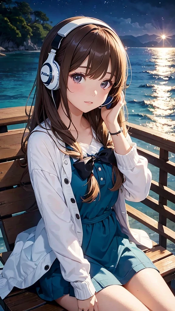 Girl sitting by the sea、Wearing headphones、High resolution, Illuminated by the moonlight、Brown Hair, ribbon, Highest quality, Sparkle Effect, Anime Style,