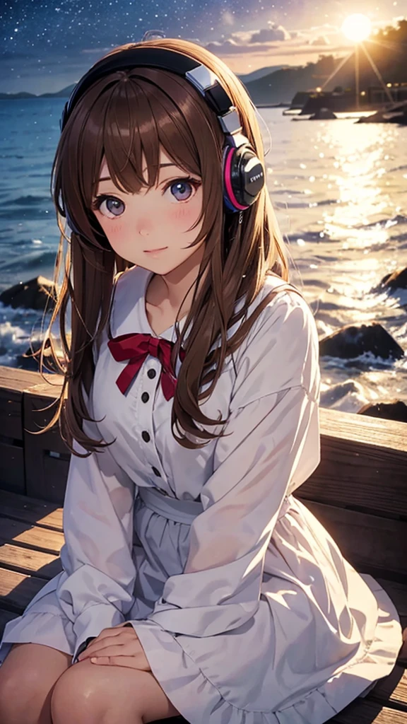 Girl sitting by the sea、Wearing headphones、High resolution, Illuminated by the moonlight、Brown Hair, ribbon, Highest quality, Sparkle Effect, Anime Style,