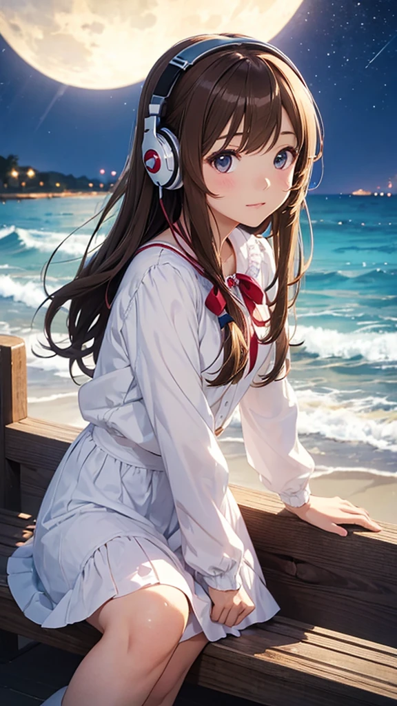 Girl sitting by the sea、Wearing headphones、High resolution, Illuminated by the moonlight、Brown Hair, ribbon, Highest quality, Sparkle Effect, Anime Style,