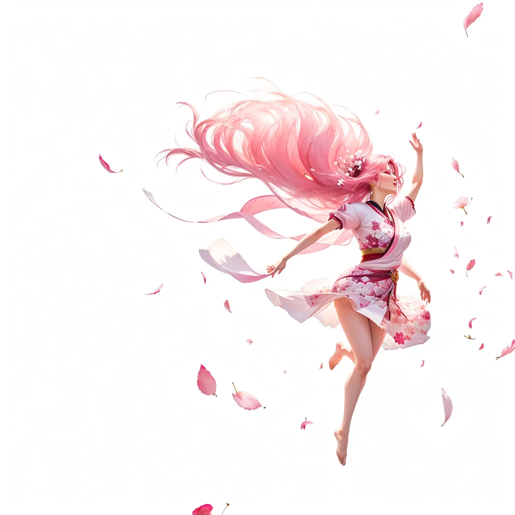 There is a woman flying in the air,Her hair, Pink petals flying, Cherry blossom petals surround her, flowing sakura-colored silk, Lively woman made of flower petals, Hair blowing in the wind, Cherry blossoms in the wind, flowing sakura silk, The wind blows, Wind blowing leaves, Rose petals flutter in the wind