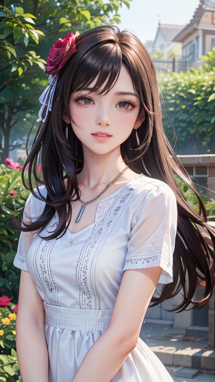 (Highest quality、 8k 、masterpiece、High resolution)、young woman、Medium chest、Slender beauty、Brown hair medium、Hair blowing in the wind、Hair flying back、Full Body Shot、Uplifting、 (Beautiful Face,Beautiful eyes,Beautiful nose,Pretty lips)、A clean eyeliner、(Basic Fashion、Loose dressing)、Earrings、necklace、Her mouth opens slightly and a smile appears.、looking at the camera、Professional Lighting、Professional photographer、Outdoor、garden、Multicolored rose flowers、Detailed CG、