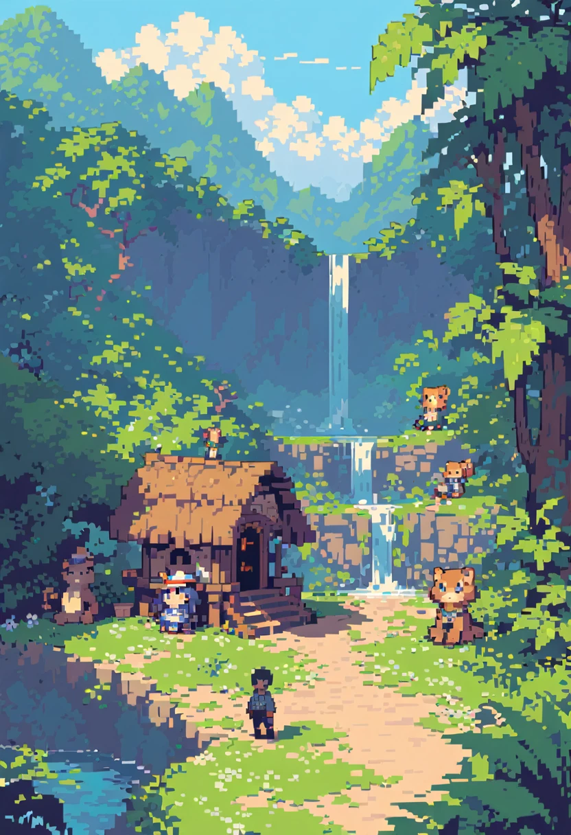 Pixel art, d'un homme cheveux brun en tenu d'aventurier de la jungle sur un fond uni pour jeux video pixel art style 2d
