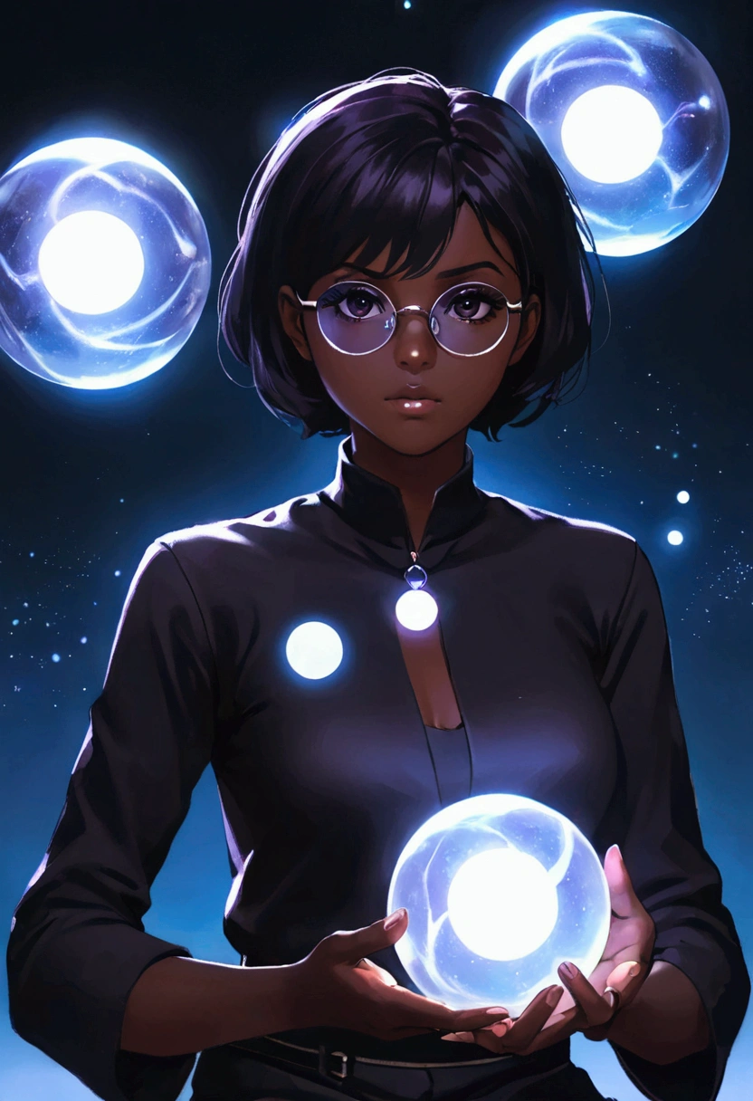 ((1 girl)), anime, short dark hair, black skin, shiny glasses lenses, Silence and non-expression, sit, With her hand she held the glowing orb while two more glowing spheres orbited her..