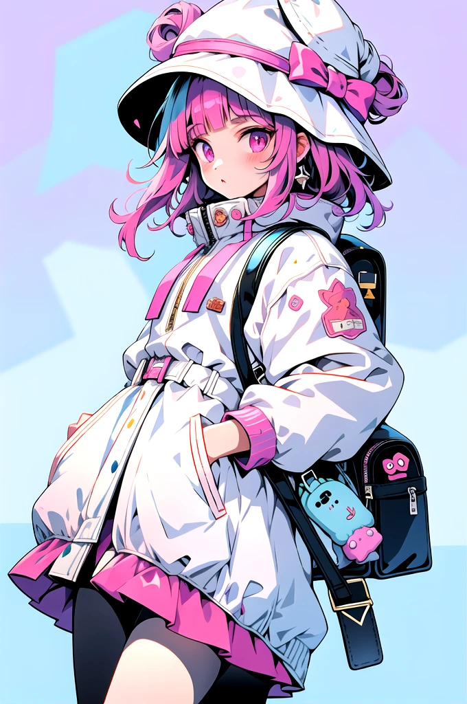 mn,1girl,jacket,bag,hat,pink eyes,pink hair,backpack,skirt,white background,