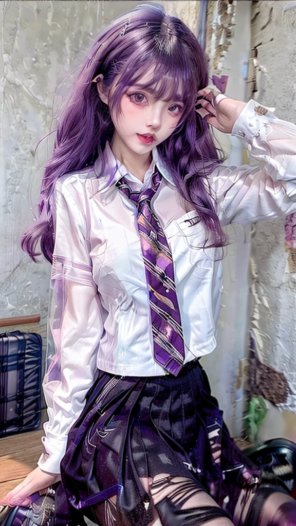 See-through JK uniform、Transparent nipples、Big Tits、transparent JK uniform、See-through pantyhose、Transparent pantyhose、tie、classroom、School、Pussy line、Bite、Spread your legs、Purple Hair