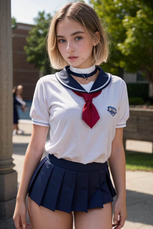 (Masterpiece),  ((Top Quality)),  ((Ultra High Resolution)),  Good Composition,  (Ultra Detail),  Beautiful Art, 19 yo blonde teen girl . Full lips. Eyes wide.  ((Very short hair)),  well-trained body, ((sweaty skin)), choker, (wet body) , (((girls' high school uniform)))