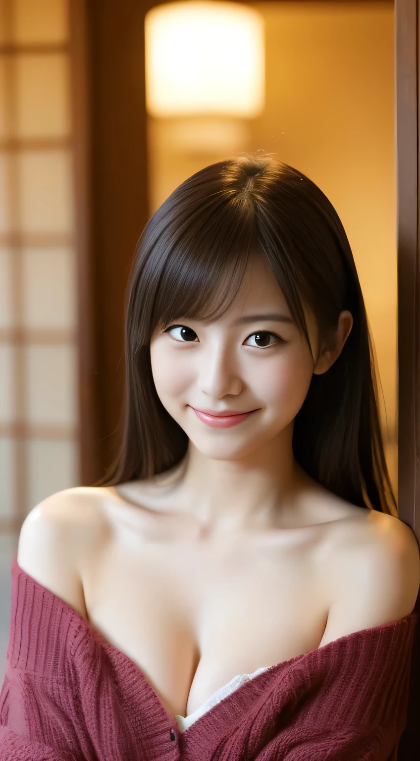 masterpiece,best quality,(Japanese girl),((Beautiful girl)),cleavage,(off shoulder:1.2),(perfect body beauty:1.2),(shy smile),from above