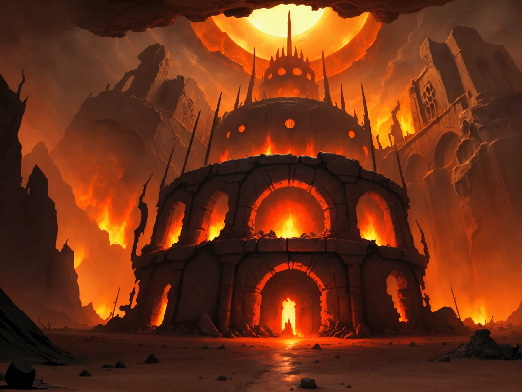 , Hellscape, The bottom of hell, Hell Battle, Apocalyptic landscape!!!!!, Mustafar, Hellish ruins, ! Apocalyptic landscape!!, Awesome D & D The Art of Dark Sun, Door of hell, Door of hell, World of Warcraft concept art, Rescue from the Underworld!!!!!!