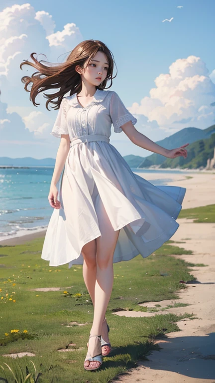 (Highest quality、 8k 、masterpiece、High resolution)、young woman、Medium chest、Slender beauty、Brown hair medium、Hair blowing in the wind、Hair flying back、Full Body Shot、It&#39;s dynamic、 (Beautiful Face,Beautiful eyes,Beautiful nose,Pretty lips)、A clean eyeliner、(Basic Fashion、Loose dressing)、Earrings、necklace、Her mouth opens slightly and a smile appears.、looking at the camera、Professional Lighting、Professional photographer、Outdoor、garden、Multicolored rose flowers、Detailed CG、