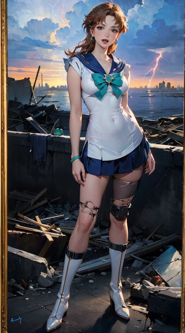 ((cinematic lighting)), (detailed skin), ((paintstrokes)),1girl, marinero Neptuno, (Uniforme Sailor Senshi:1.4), cabello verde oscuro, cabello mediano, Falda suplicante, La mejor calidad, Pendientes, Obra maestra, High resolution, Detalles intrincados, (( realista )), photographic, (Guantes blancos de codo:1.1), jewely, pecho mediano, cuerpo completo, dynamic background, Dynamic posture, tacones altos,,More detailed 8K.motor irreal:1.4,UHD,La mejor calidad:1.4, fotorrealista:1.4, textura de la piel:1.4, obra maestra:1.8,obra-prima, mejor calidad,objeto Objeto], (detailed face features:1.3),(manos Detallado),(Apocalyptic destroyed city:1.7),(white Botas por encima de la rodilla: 1.4), gargantilla, (Guante Blanco:1.4), gargantilla verde, Arboledas de codos, jewely, pendientes, falda verde, only one, cuerpo completosbian, pelos verdes,(fondo atardecer:1.4),(Sailor neptune:1.4),(cuerpo COMPLETO:1.4),4 k detail fantasy,(Realista, Fotorrealismo, Realista: 1.37),(manos detailed),(blue background wat, (Guante Blanco:1.4), gargantilla verde, Arboledas de codos, jewely, pendientes, falda verde, only one, cuerpo completosbian, pelos verdes,(fondo atardecer:1.4),(Sailor neptune:1.4),(cuerpo COMPLETO:1.4),4 k detail fantasy,(Realista, Fotorrealismo, Realista: 1.37),(manos detailed),(blue background water thunder lightning rain water drops falling:1.4) the sailor moon, Sailor Moon style, Beautiful,  moon princess, blond-haired princess, portrait of magical girl,  woman,20-year-old,,city,night,((white tight miniskirt bodysuit)),(Harada Makoto),open mouth smile,(((See-through))),((bionde)),long hair　((Realistic lighting, optimal quality, 8k, masterpaintings:1.3)),（ sharp focus:1.2）, Girl Huge breasts, （Beautiful Women with Perfect Figure:1.4）,Close-up strengthened，Slim：1.1, ((long and dark brown hair)),（（length hair）） ，（（ringlets）），(red-white qipao:1.4）,（exteriors，during night：1.1），urban street，High-rise buildings and deep alleys，Ultra-fine face，Fine eyes，Double eyelids，Close up of