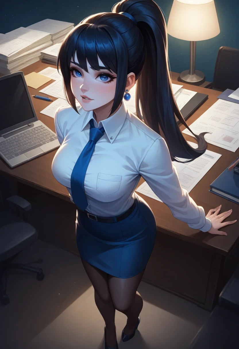 score_9, score_8_up, score_7_up,score_6_up, score_5_up, 1girl, 20 years old, solo, pretty face long black hair, bangs, ponytail, dark blue eyes, light blush, light makeup, medium perky breasts, seductive eyes, moon earrings, skirt suit, (((three-piece suit))), (((dress shirt))), (((necktie))), (((blazer))), (((suit jacket))), (((waistcoat))), double-breasted waistcoat, (((bodycon pencil skirt))), (((stockings))), high heels, pocket square, cufflinks, tie clip, tight clothing, formal clothing, exhausted, seductive, heavy blush, looking up, eyes up, mischievous grin, detailed background, night, moonlight, inside, office, volumetric lighting, vivid colours, from above, full body shot, 