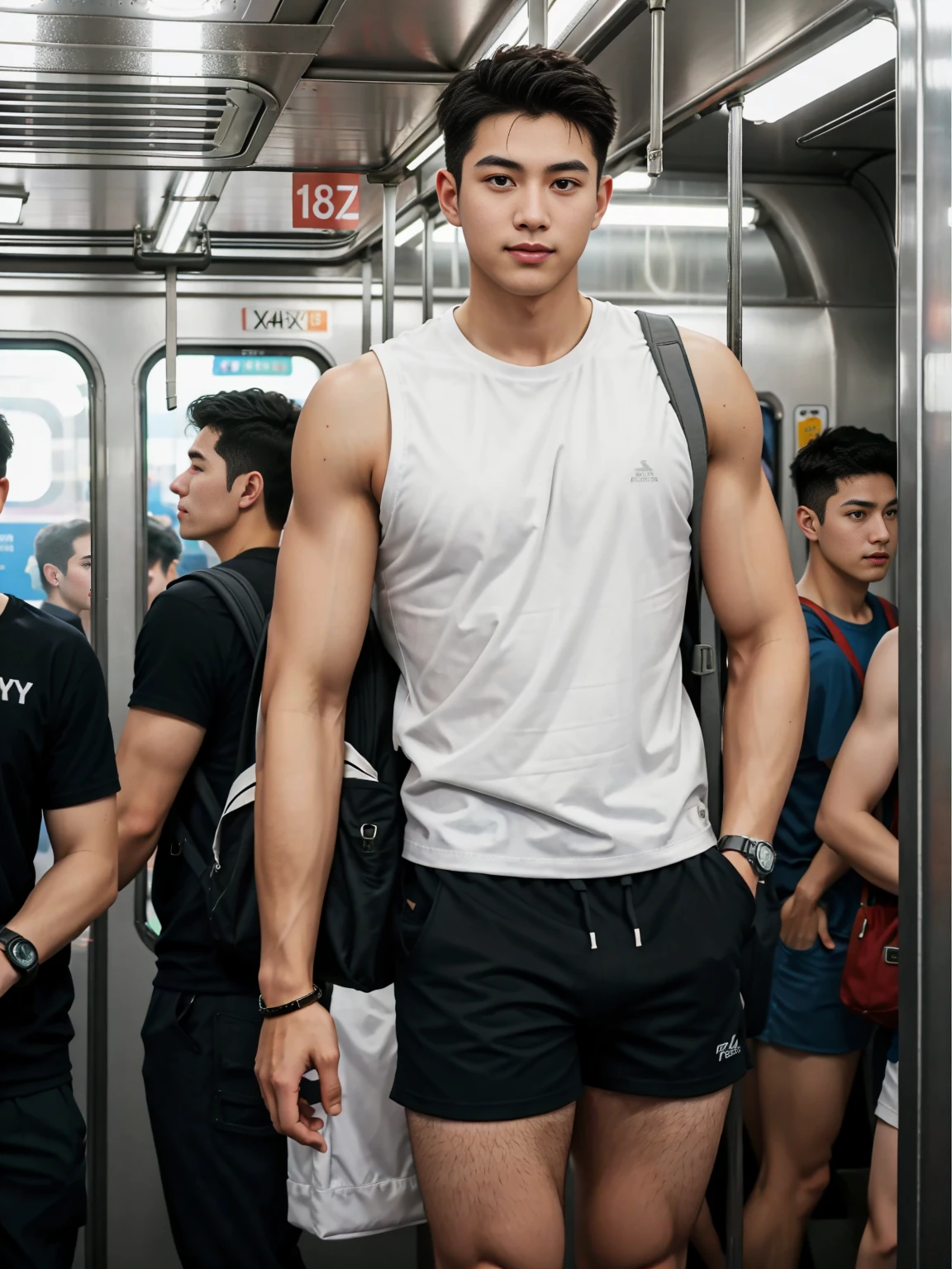 1 person,A 20-year-old man in the subway,Standing in a subway car,Ultra-flat head,White skinny sleeveless T-shirt,Wear yours with grey micro shorts,huge bulge, leg apart,musculous,Handsome,Look at your phone,Wear AirPods,Wear an Apple Watch,Sport backpack,white short socks,White sneakers,pervert smirk,exhilarated,full bodyesbian,Exposing thighs,Expose calves,Thick leg hair,In crowded subway cars,gentlesoftlighting,tmasterpiece,best qualtiy,8K UHD,digital SLR camera,filmgrain,Fujifilm XT3 Realistic painting art,Written by Midjourney and Greg Rutkowski