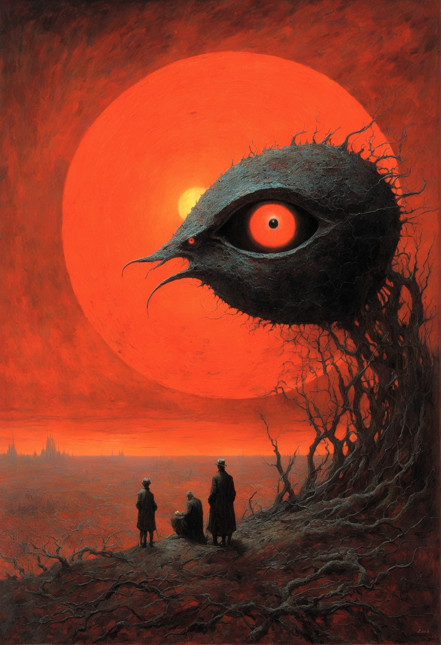 Mythical creatures, author:Zdzislaw Beksiński and Vincent van Gogh, Red moon and big eyeucha