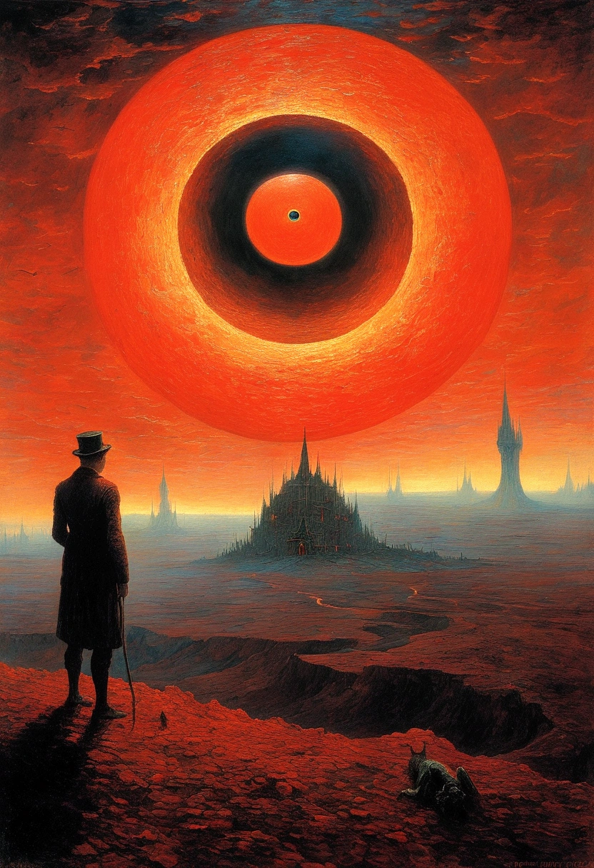 Mythical creatures, author:Zdzislaw Beksiński and Vincent van Gogh, Red moon and big eyeucha