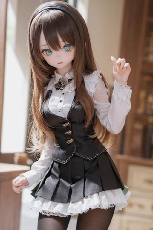 (SFW:2), photorealistic, realistic photo, 8k, ((highest quality)), ((masterpiece)), (extremely detailed), kukolnydom, doll, (mature woman, 21yo, 21 years old, solo:1.6), ((cowboy shot, stylish pose, slim, slender, skinny, medium breasts, hairband, ascot, vest, blouse, long puff sleeves, pleated skirt, black pantyhose)), (green eyes, brown hair, long hair, plastic skin, looking at viewer, glass eyes, gradient eyes, shining eyes, detailed eyes:1.3)