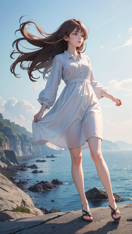 (Highest quality、 8k 、masterpiece、High resolution)、young woman、Medium chest、Slender beauty、Brown hair medium、Hair blowing in the wind、Hair flying back、Full Body Shot、It&#39;s dynamic、 (Beautiful Face,Beautiful eyes,Beautiful nose,Pretty lips)、A clean eyeliner、(Basic Fashion、Loose dressing)、Earrings、necklace、Her mouth opens slightly and a smile appears.、looking at the camera、Professional Lighting、Professional photographer、Outdoor、garden、Multicolored rose flowers、Detailed CG、