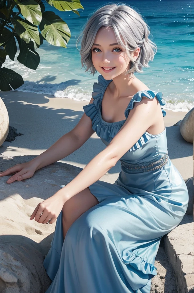 Grey Hair Short Hair Dark blue eyes Seashell hair ornament Yellow Mermaid Ruffle Dress Clear blue sea Light of the sun beautiful beautiful girl smile live-action