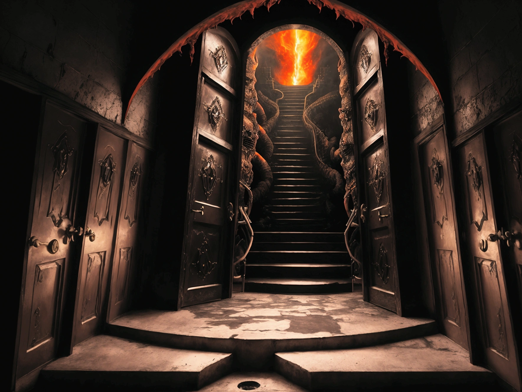 , Stairway from Hell to Heaven, Hell sight, Travel through hell, Door of hell, Out of the Fire, Door of hell, Stairway to Heaven, Door of hell, Surreal hell, Door of hell, Stand in hell, complex、Epic creation, Stunning epic visual effects, Hell Background