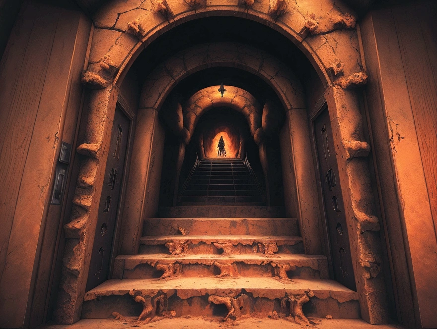 , Stairway from Hell to Heaven, Hell sight, Travel through hell, Door of hell, Out of the Fire, Door of hell, Stairway to Heaven, Door of hell, Surreal hell, Door of hell, Stand in hell, complex、Epic creation, Stunning epic visual effects, Hell Background