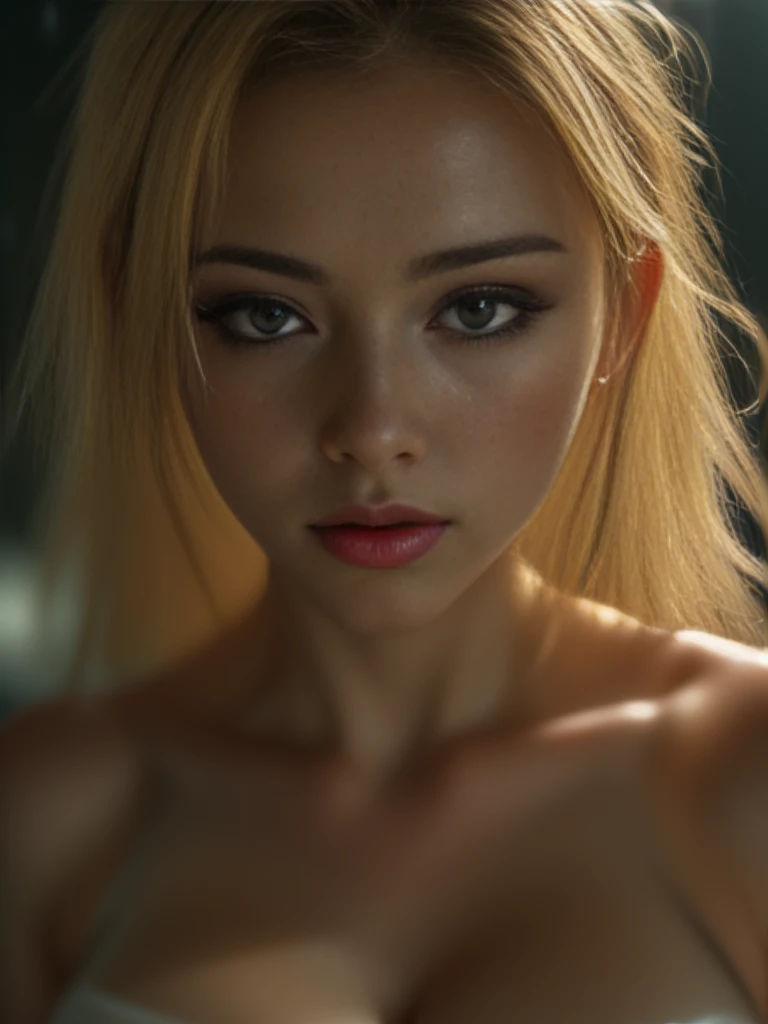 ((Extreme close-up of big breasts. cleveage.)). Super hot and beautiful European women.23 years old.Blonde Hair. Black transparent lace half cup bra.external. Dramatic lighting on a rainy day. ((Moist oily skin.Soaked的头发. Soaked)).