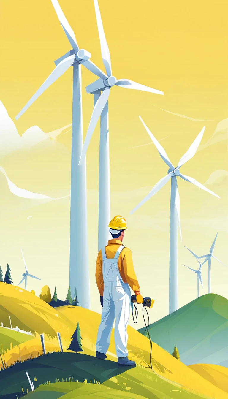 A worker,on the side,wearing a yellow helmet,white one-piece overalls,holding power tools,standing with a huge wind turbine behind him,on the hillside,Flat Illustration,Gradient llustration,