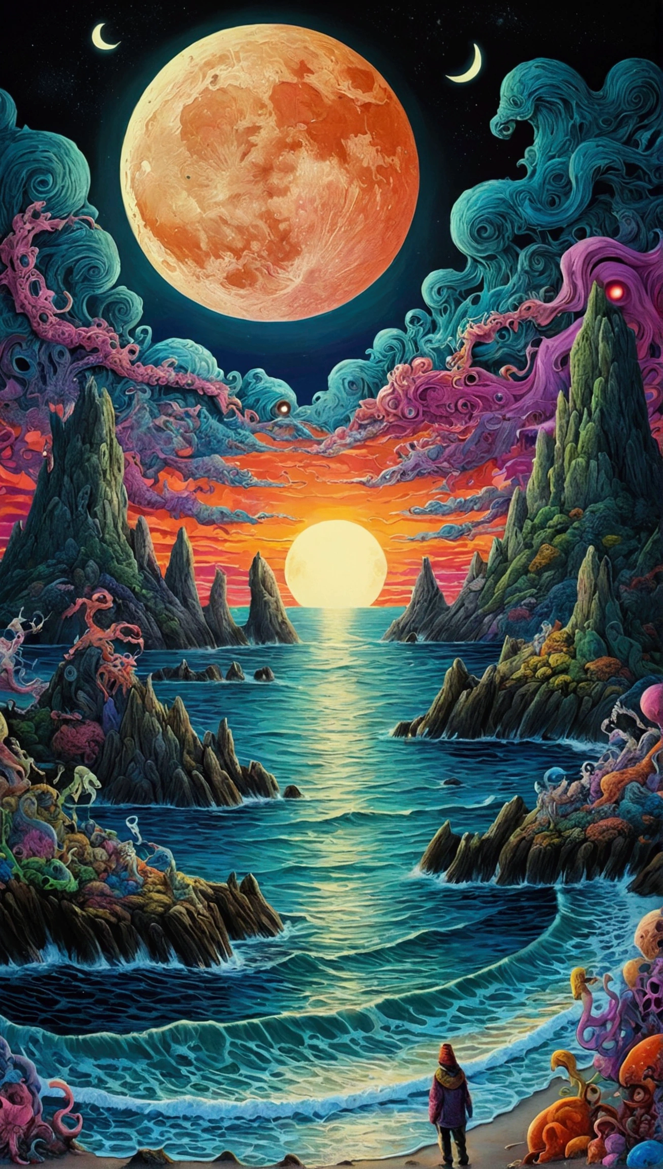 Psychedelic Seascape、Fantasy、Horror、A colorful nightmare、Moon monsters and scary creatures