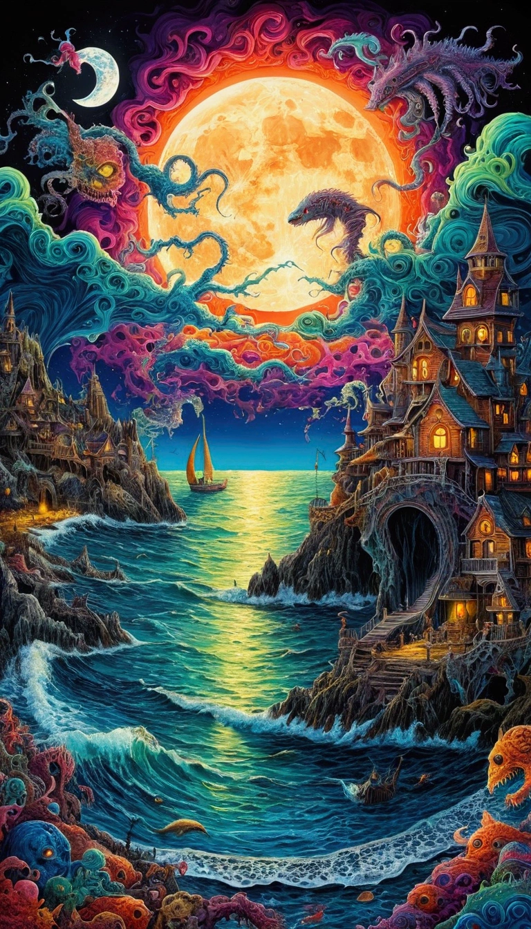 Psychedelic Seascape、Fantasy、Horror、A colorful nightmare、Moon monsters and scary creatures