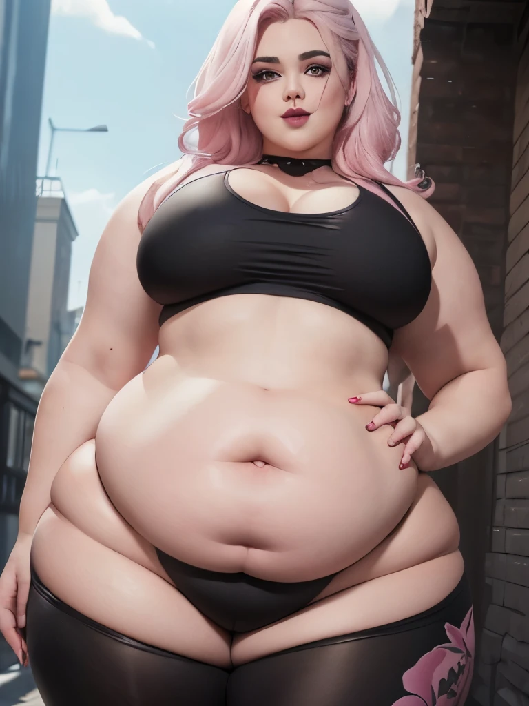 Masterpiece, perfect face, black lipstick, perfect hands, Sunkissed skin all over, Thicc, moobs, pink fingernails and pink toenails, extremely morbidly obese, pink and white hair, ((wearing)), pink tanktop, black pants, detailed feet, voluptuous, feminine boy, femboy, smile, (anatomically correct), (Perfect/ realistic proportions:1.2), (overwhelmingly fat arms, obese face), hands grabbing belly, one belly button, ((extremely widest hips possible!)), ((extremely massive thick thighs, morbidly large belly), belly overhang!)), (1080P, 4k UHD, Masterpiece:2.1!) ((single)), background: tilted towers_fortnite
