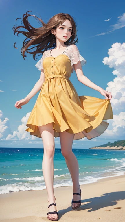 (Highest quality、 8k 、masterpiece、High resolution)、young woman、Medium chest、Slender beauty、Brown hair medium、Hair blowing in the wind、Hair flying back、Full Body Shot、It&#39;s dynamic、 (Beautiful Face,Beautiful eyes,Beautiful nose,Pretty lips)、A clean eyeliner、(Basic Fashion、Loose dressing)、Earrings、necklace、Her mouth opens slightly and a smile appears.、looking at the camera、Professional Lighting、Professional photographer、Outdoor、garden、Multicolored rose flowers、Detailed CG、