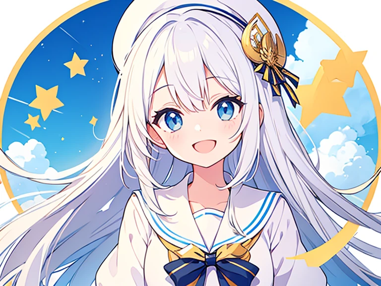 Smiling and open mouth、White hat with gold decoration、Long white hair、Sailor'White uniform