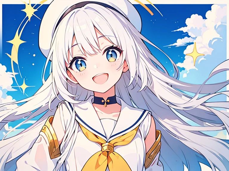 Smiling and open mouth、White hat with gold decoration、Long white hair、Sailor'White uniform
