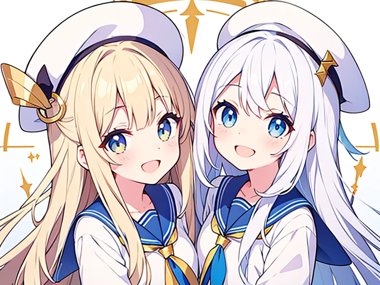 Smiling and open mouth、White hat with gold decoration、Long white hair、Sailor'White uniform