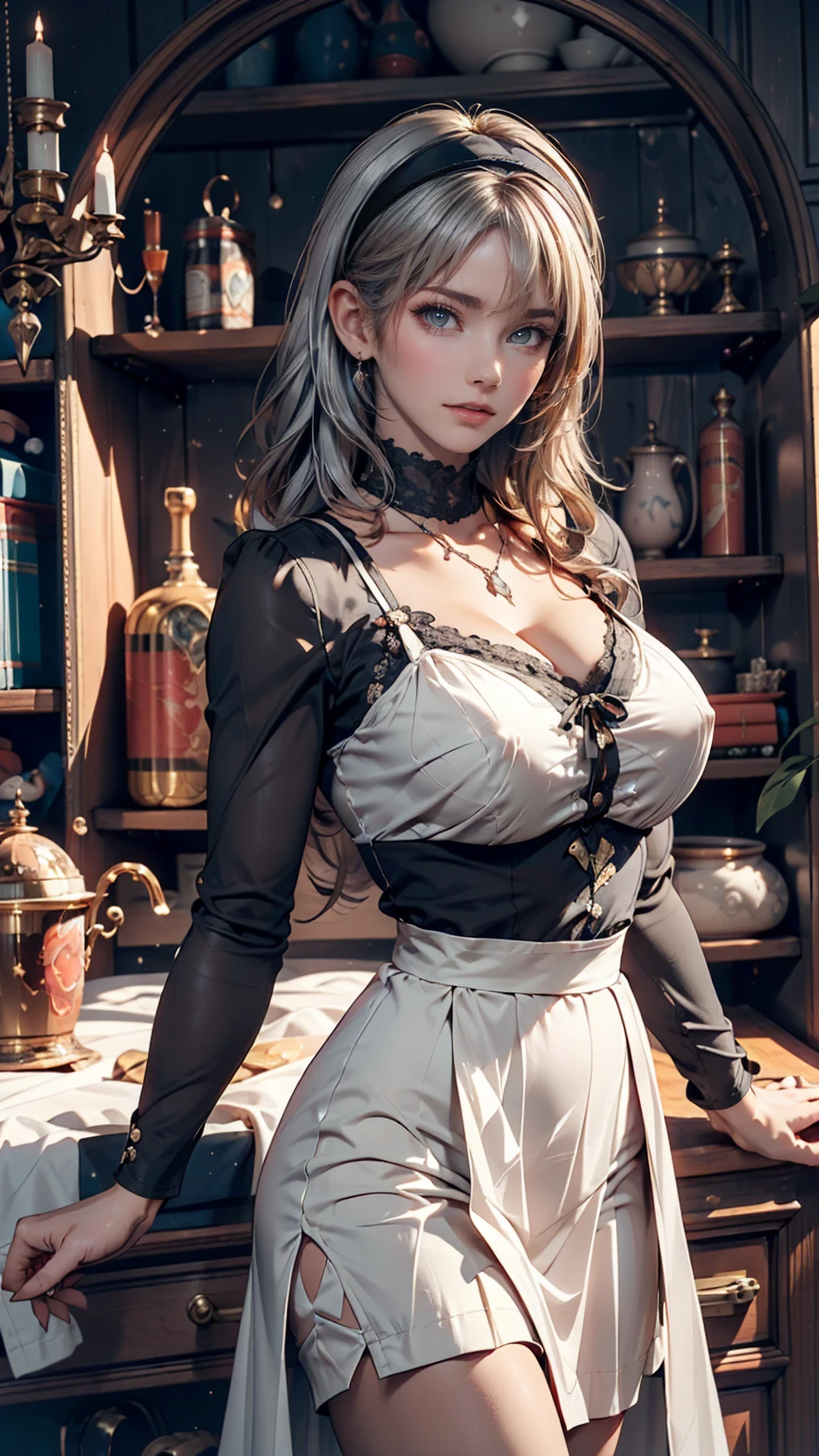 American Contemporary Antique Room, Black Cat Wall Clock, Tinplate trailer, Pixar, Ultra-high resolution, Accurate, Attention to detail, Awards, Highest quality、24-year-old woman、High neck blouse with frills、High Waist Skirt、Silver Necklace、Ribbon headband、Nipple swelling emphasis