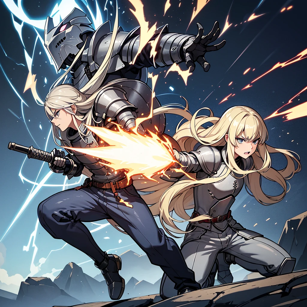 (Full body character concept、10 people)、Highest quality, Best Quality, Best illustrations, (((Grey Armor)))、(((Blond long hair man、Long-haired man、male、24-years-old、Cool guy)))、(Medieval Knight)、(Navy blue trousers)、(get annoyed、Clench your teeth)、(Living in the desert)、(White background)、Run、(front)、(Grab the sword)、(attack、Same angle、Deathblow、sparks)、Fighting stance