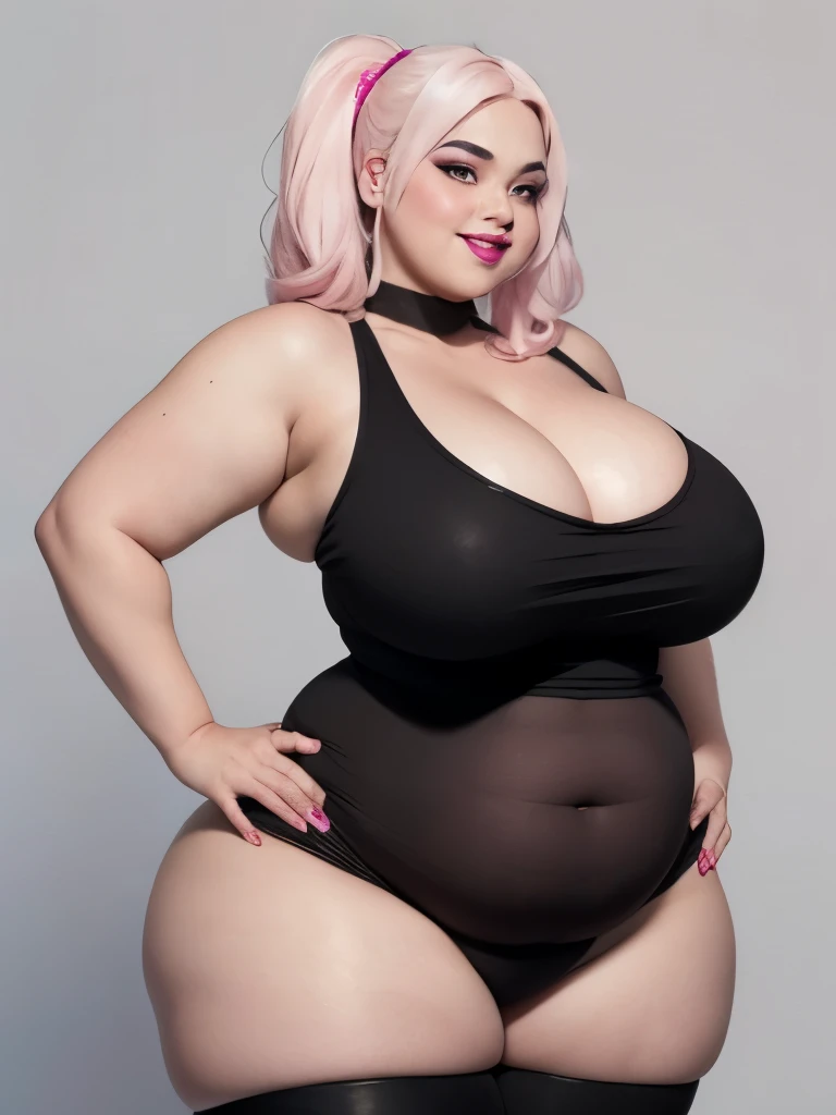Masterpiece, perfect face, black lipstick, perfect hands, Sunkissed skin all over, Thicc, moobs, pink fingernails and pink toenails, extremely morbidly obese, accurate face proportions, pink and white hair, ((wearing)), pink tanktop, black pants, detailed feet, voluptuous, feminine boy, femboy, smile, (anatomically correct), (Perfect/ realistic proportions:1.2), (overwhelmingly fat arms, obese face), hands grabbing belly, one belly button, ((extremely widest hips possible!)), ((extremely massive thick thighs, morbidly large belly), belly overhang!)), (1080P, 4k UHD, Masterpiece:2.1!) ((single)), background: tilted towers_fortnite